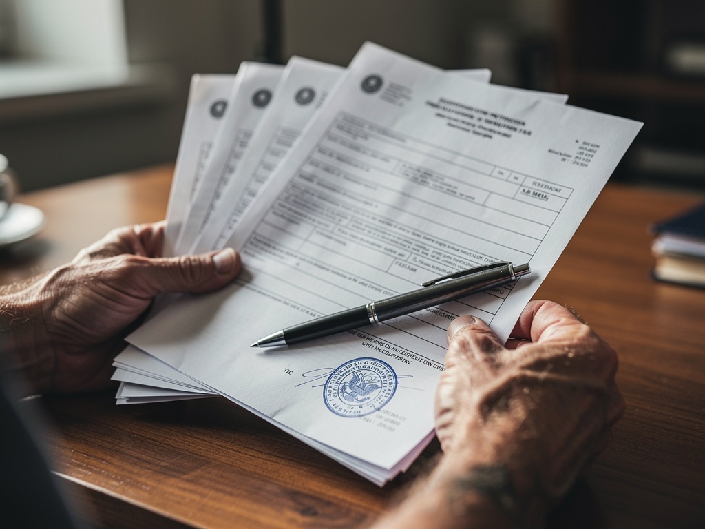 Official registration documents with a government stamp on a desk