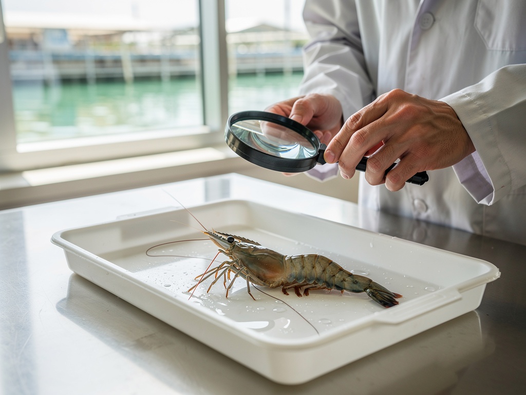 Technician examining a live shrimp with a magnifying glass