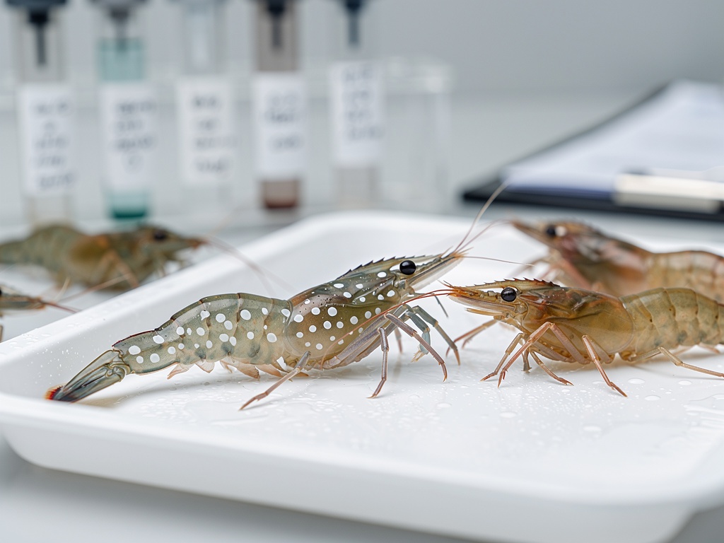 Shrimp with white spots on its shell next to healthy shrimp on a tray