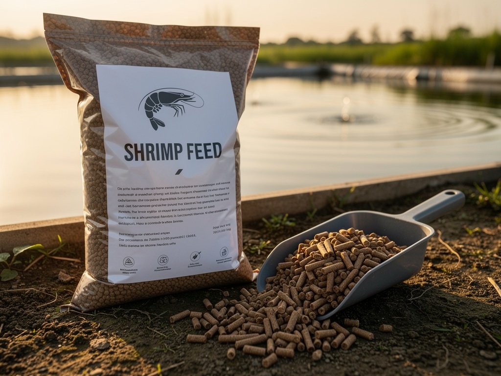 Bag of shrimp feed pellets beside a pond