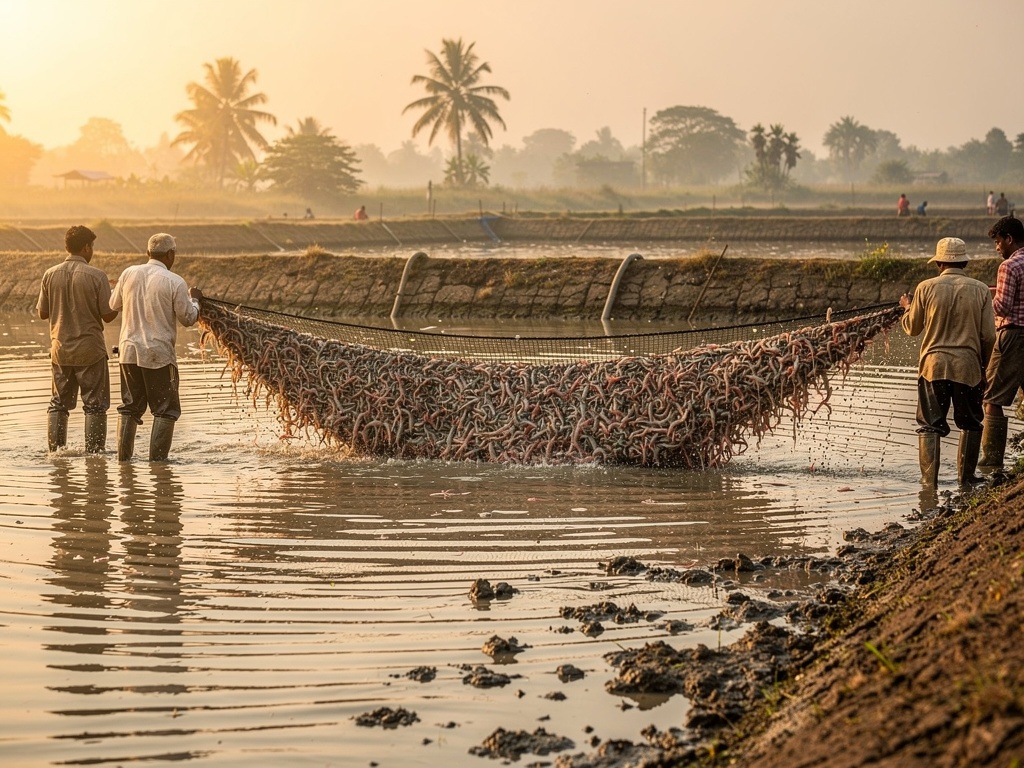 Workers pulling a seine net full of shrimp from a drained pond