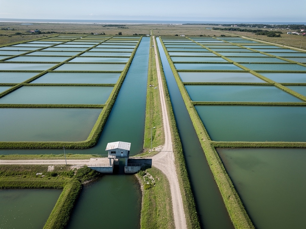 Aerial view of a planned shrimp farm with supply and drainage channels