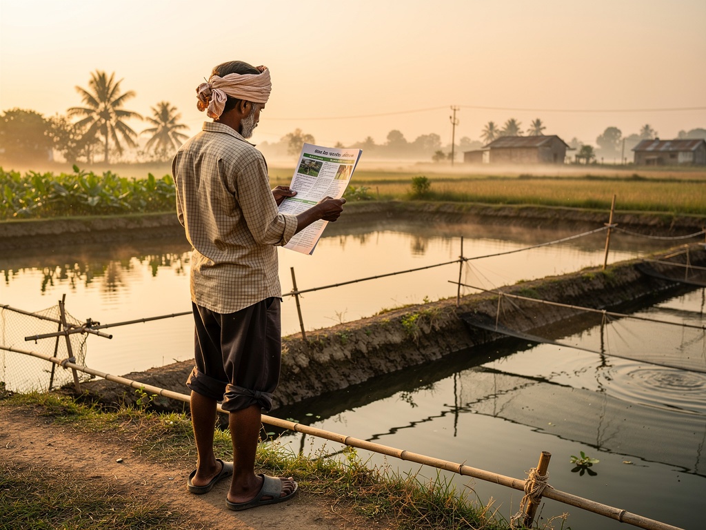 Farmer reading a farm bulletin beside a pond