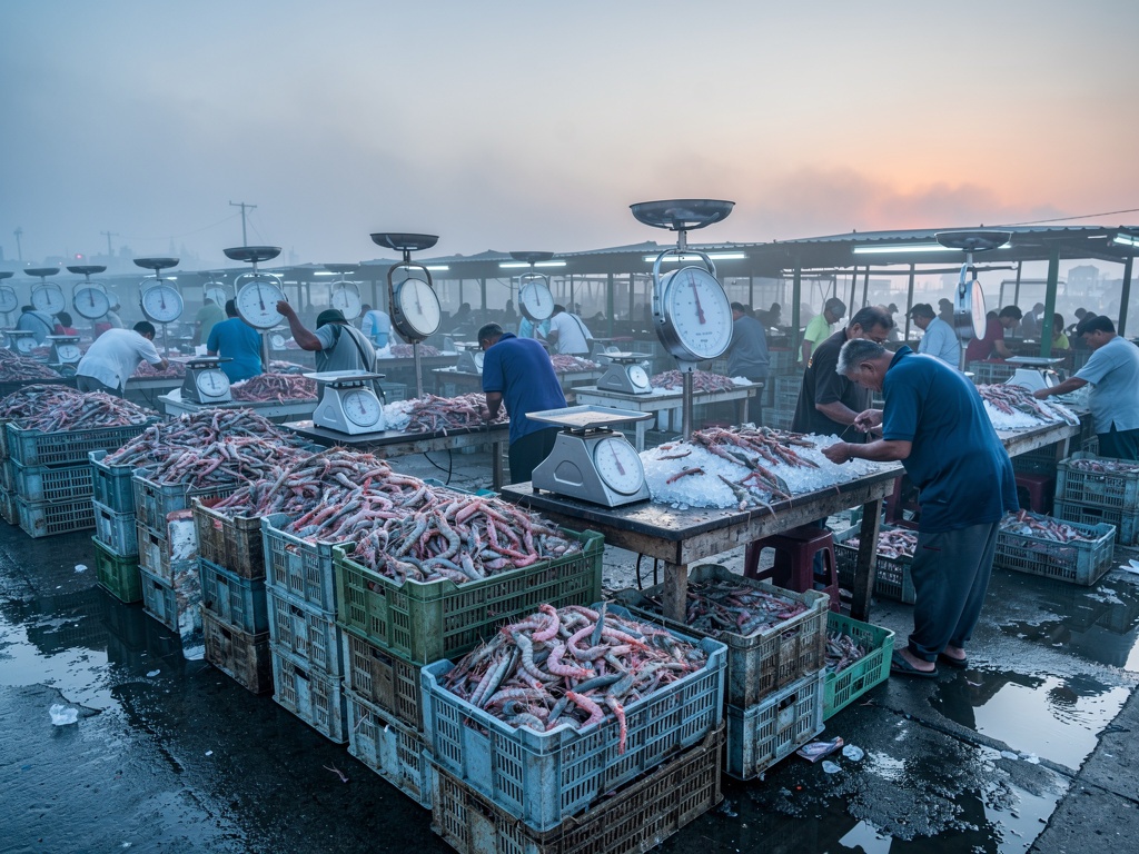 Shrimp market auction at dawn with crates of fresh shrimp