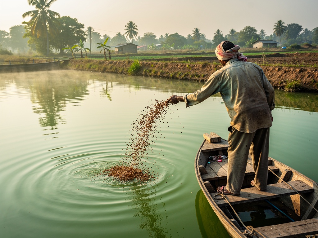 Worker scattering pelleted shrimp feed onto a pond