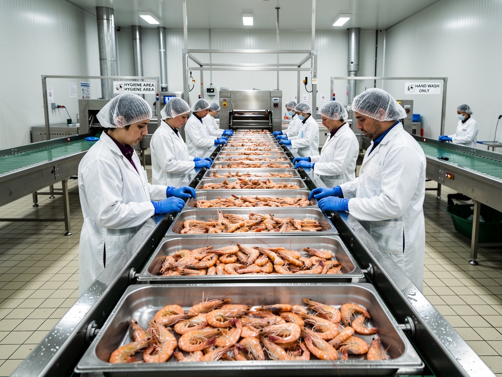 Workers grading shrimp at a modern processing plant