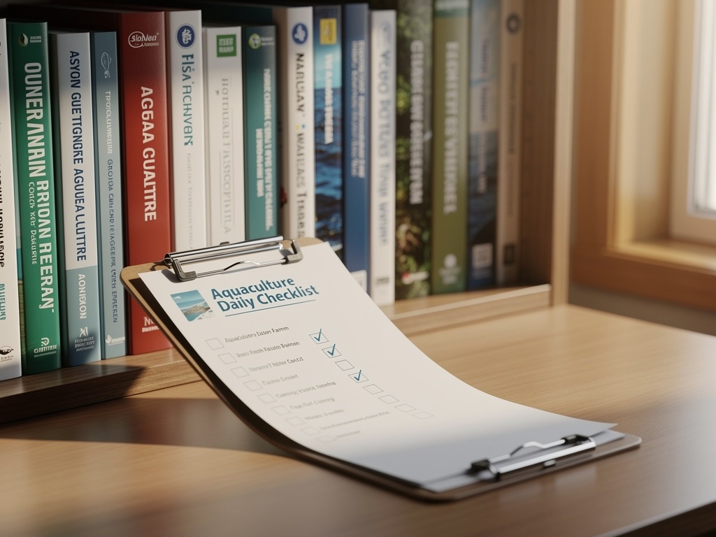 Aquaculture manuals and printed checklists on a desk