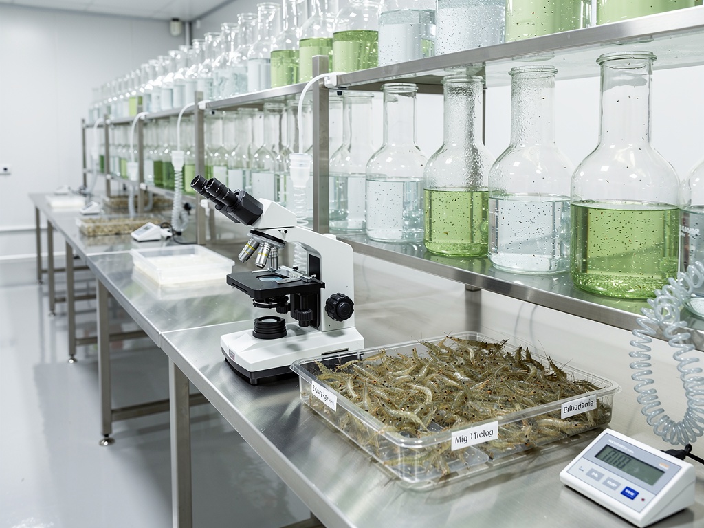 Shrimp hatchery laboratory with jars and microscope