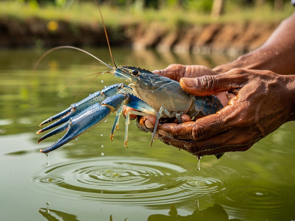Large freshwater prawn held in a farmer's hands