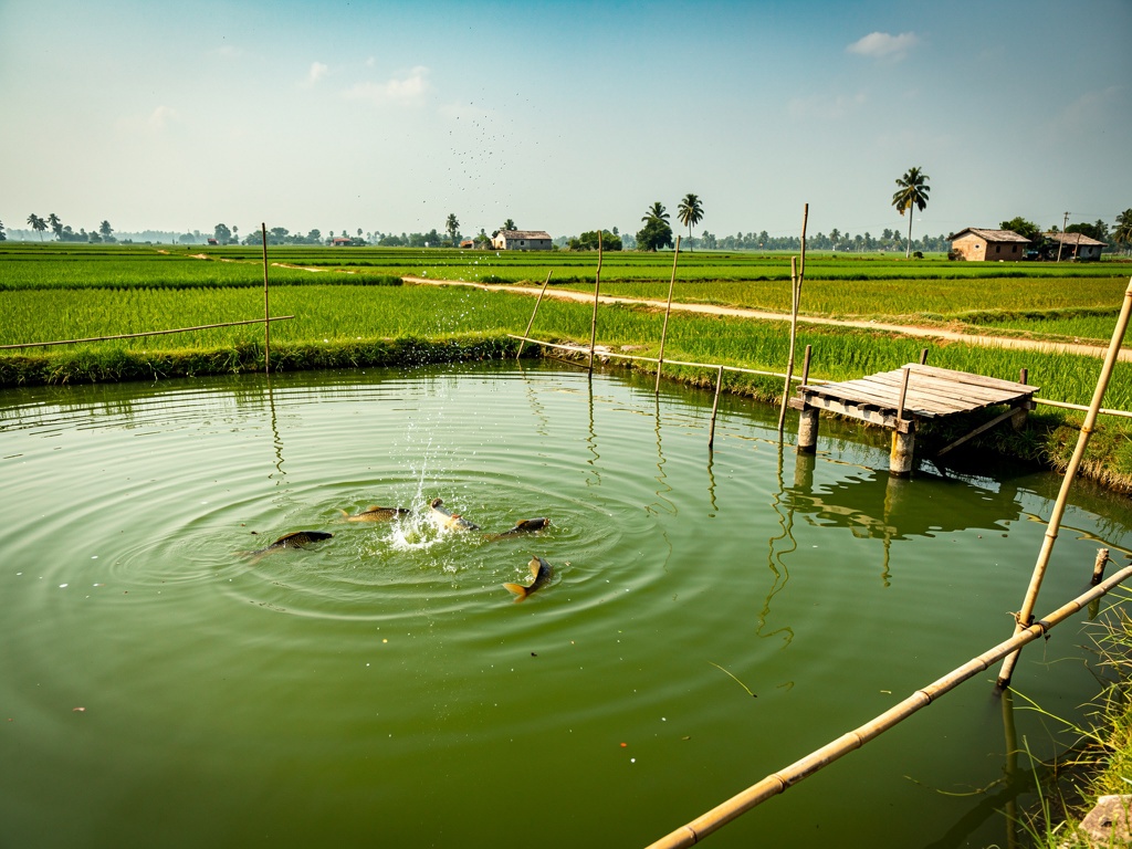 Freshwater pond for scampi and carp polyculture in rural India