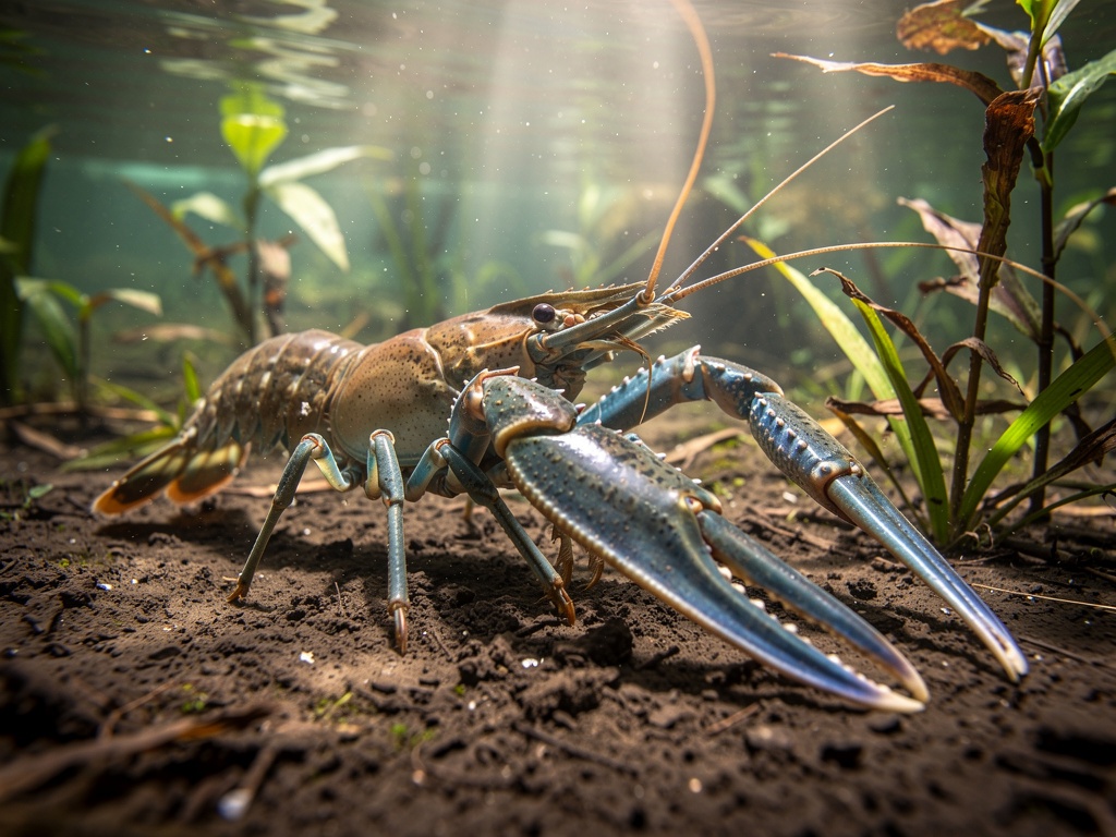 Giant freshwater prawn with long blue claws underwater