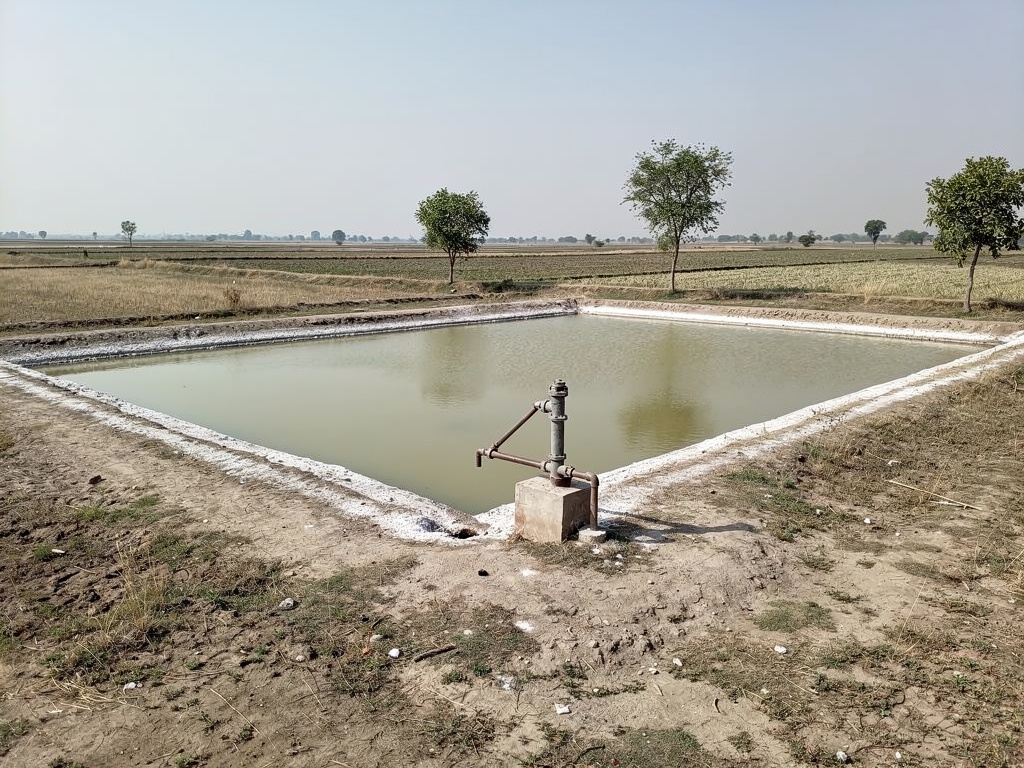 Inland saline shrimp pond on flat farmland