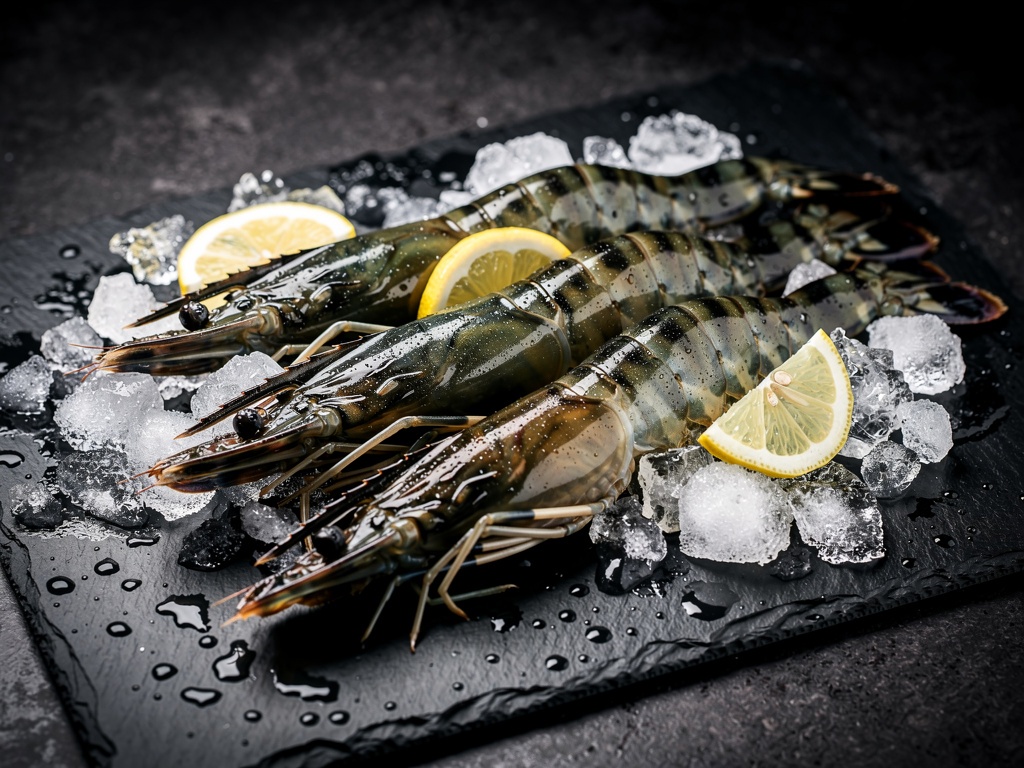 Large whole black tiger shrimp on a platter