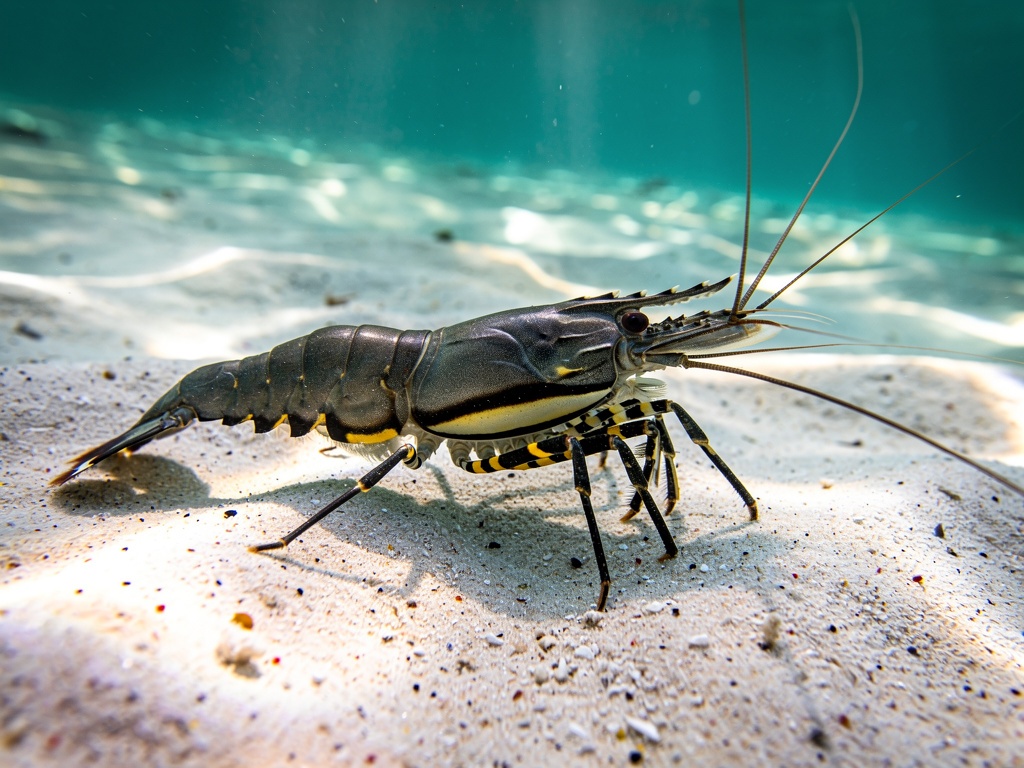Black tiger shrimp (Penaeus monodon) on the sandy seabed showing banded tail