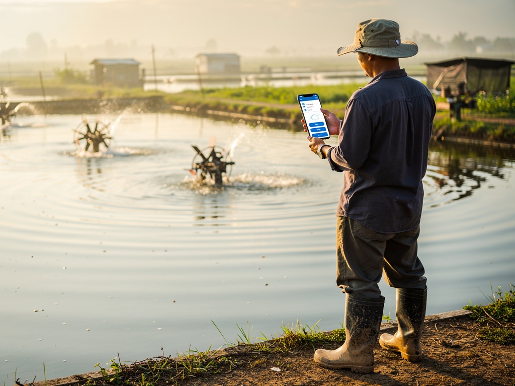 Farmer using a smartphone near a shrimp pond