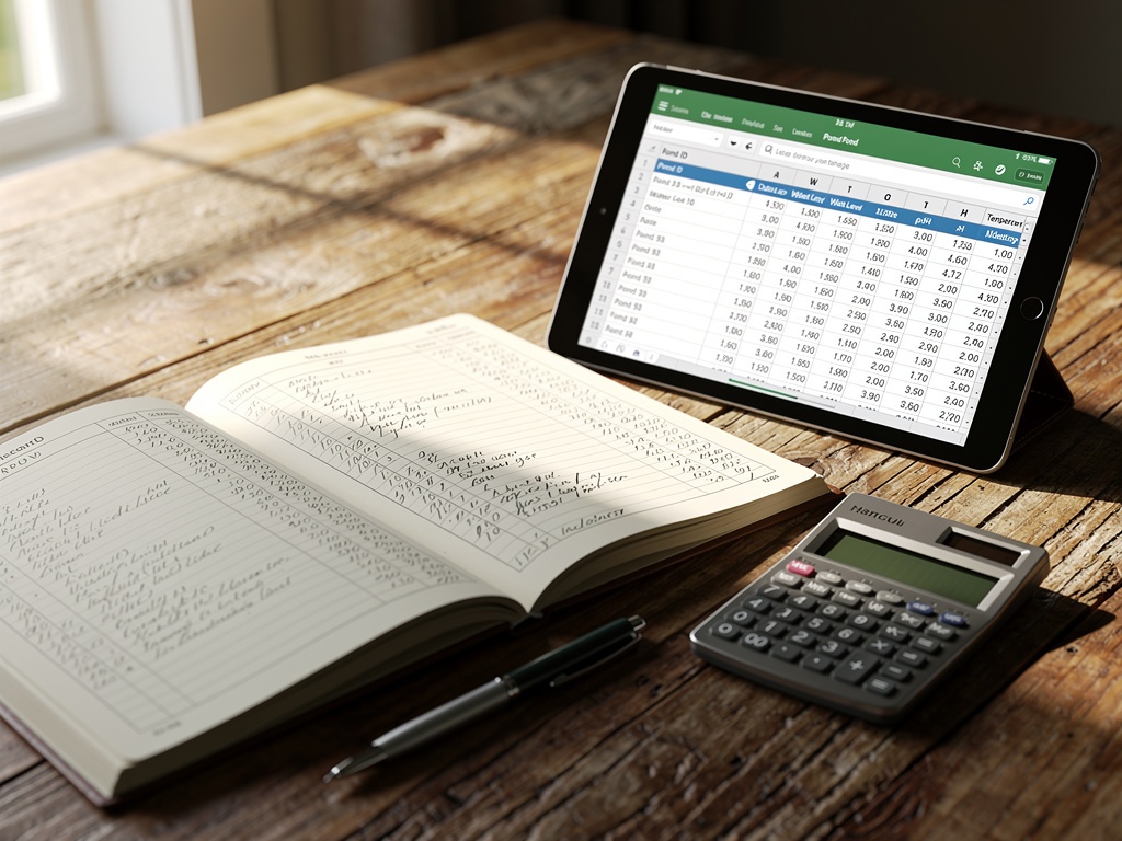 Farm record book and tablet with pond data