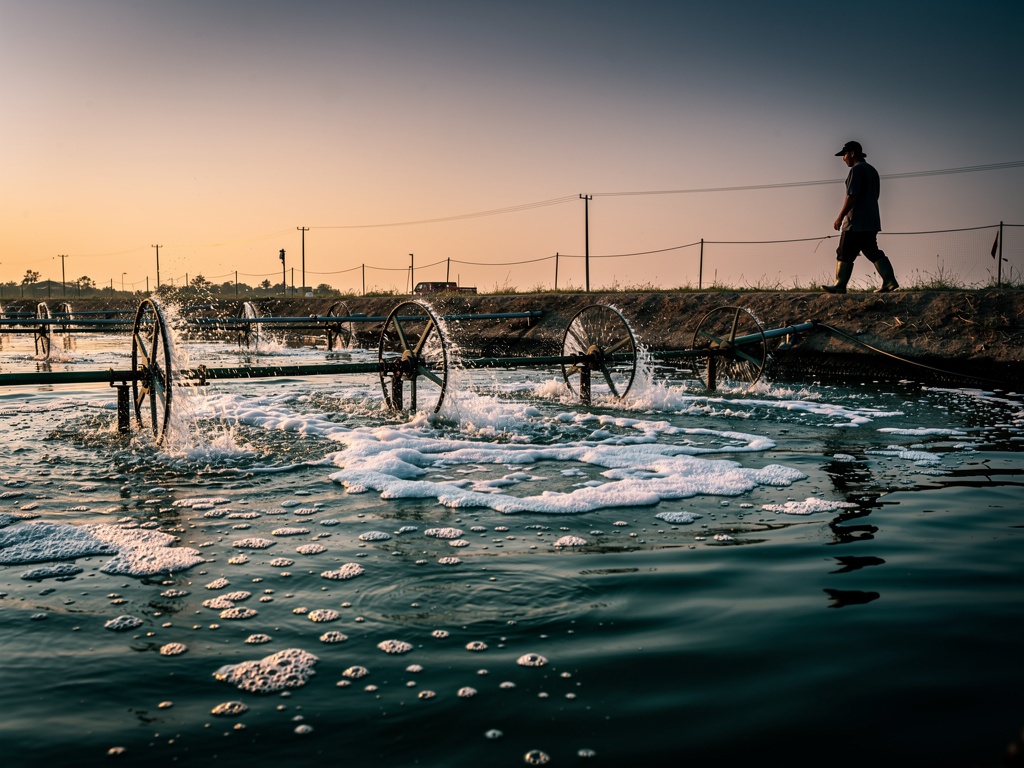Paddlewheel aerators working a shrimp pond at dusk