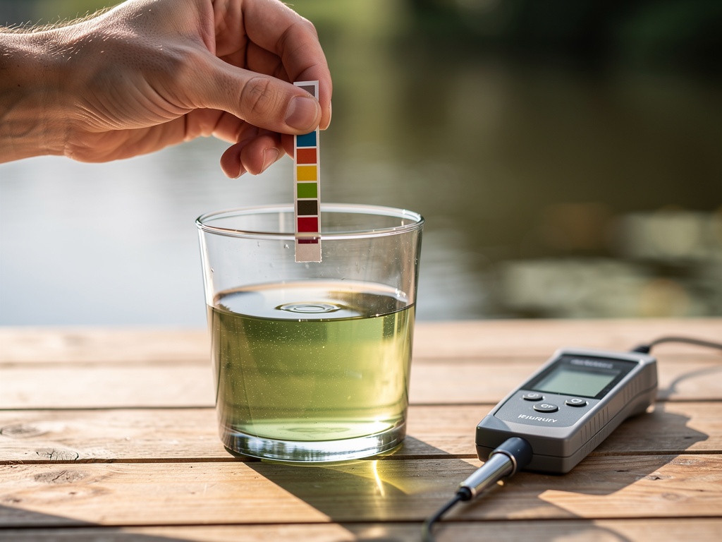 Hand holding a water test strip beside a glass of pond water